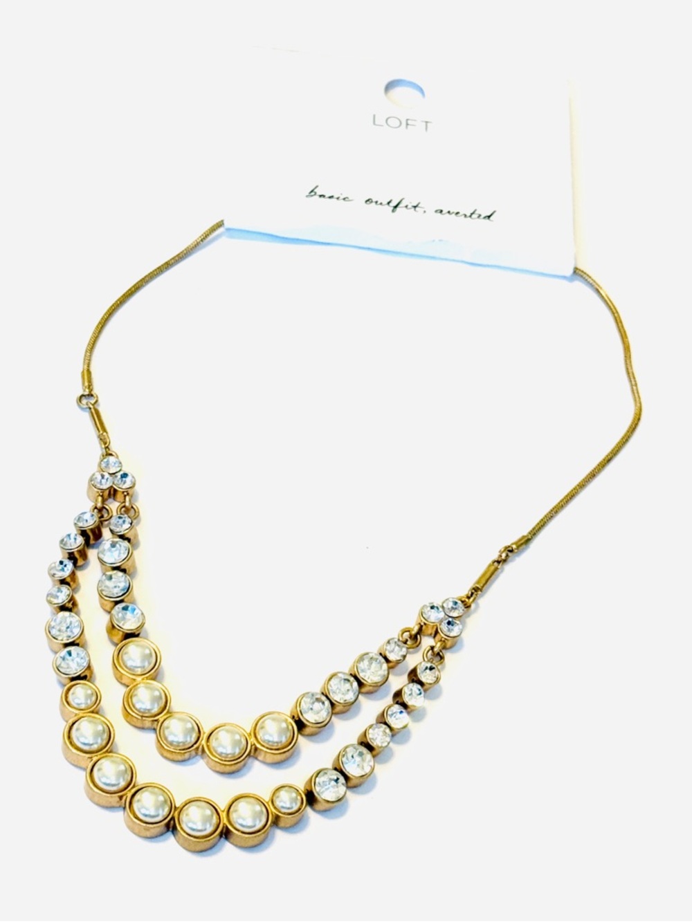 Ann Taylor LOFT Gold Tone Pearl Crystal Layered Necklace NWT